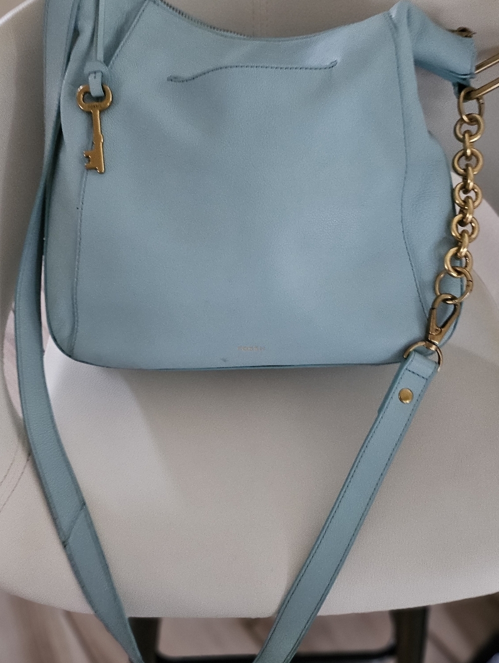 Fossil Leather Crossbody Bag Blue Teal Shoulder Purse Gold Chain Strap Medium. - Picture 5 of 16
